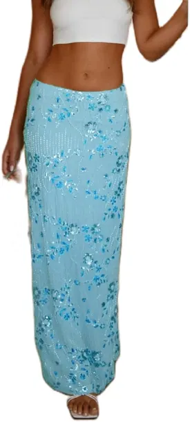 Women Y2K Sequin Long Skirt Sparkle Rhinestone Floral Maxi Skirt High Waist Glitter Midi Skirt Going Out