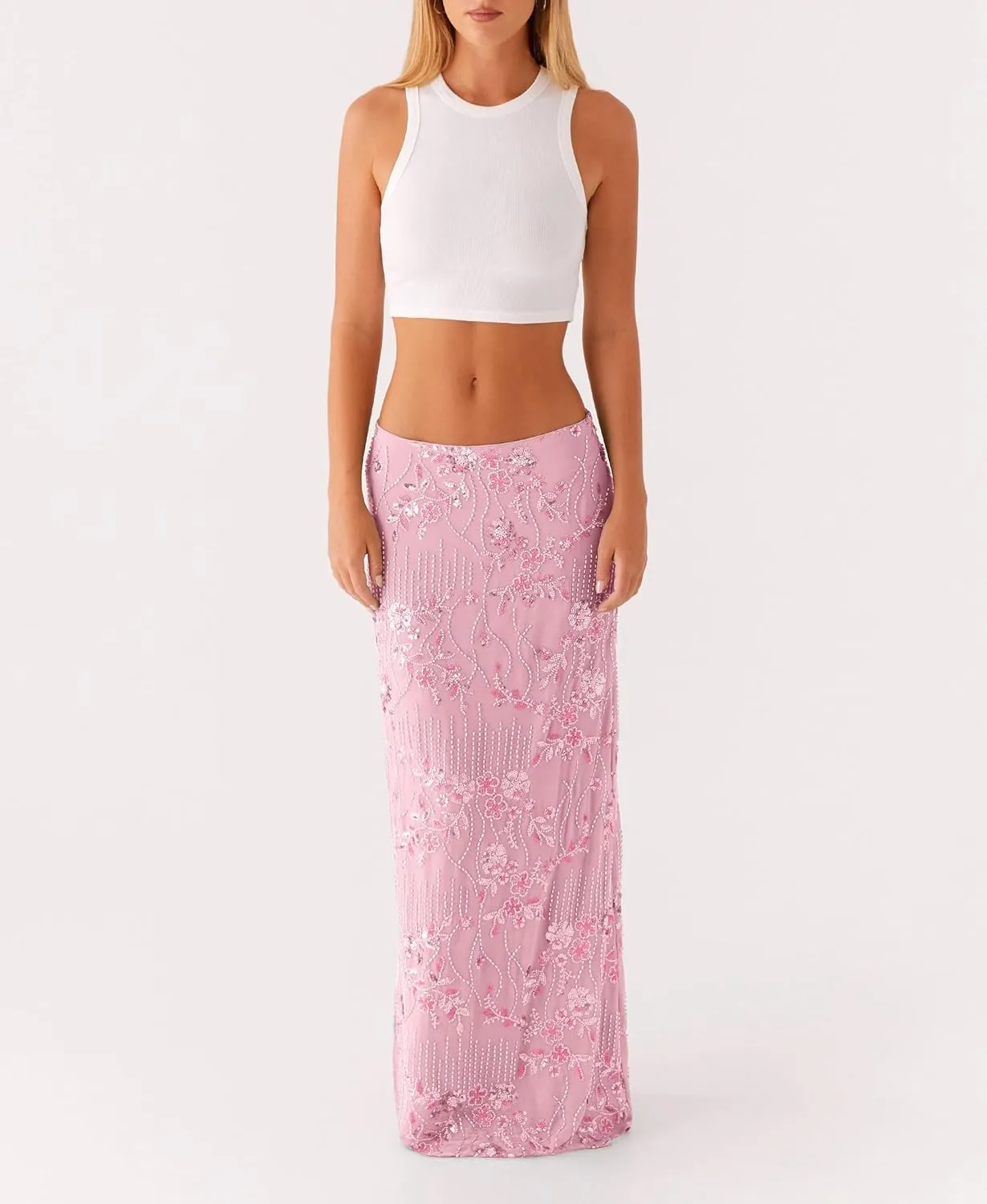 Women Y2K Sequin Long Skirt Sparkle Rhinestone Floral Maxi Skirt High Waist Glitter Midi Skirt Going Out