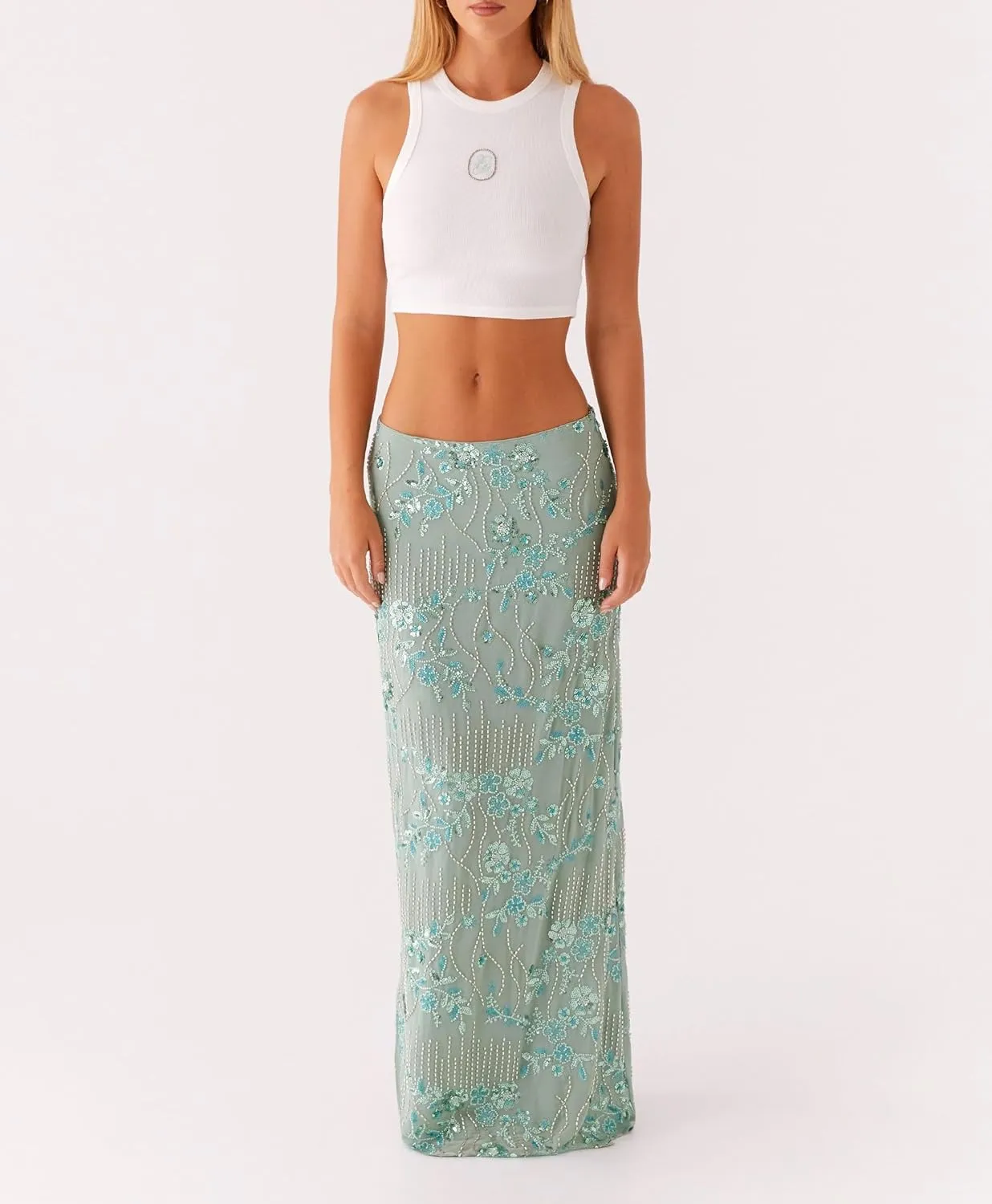 Women Y2K Sequin Long Skirt Sparkle Rhinestone Floral Maxi Skirt High Waist Glitter Midi Skirt Going Out
