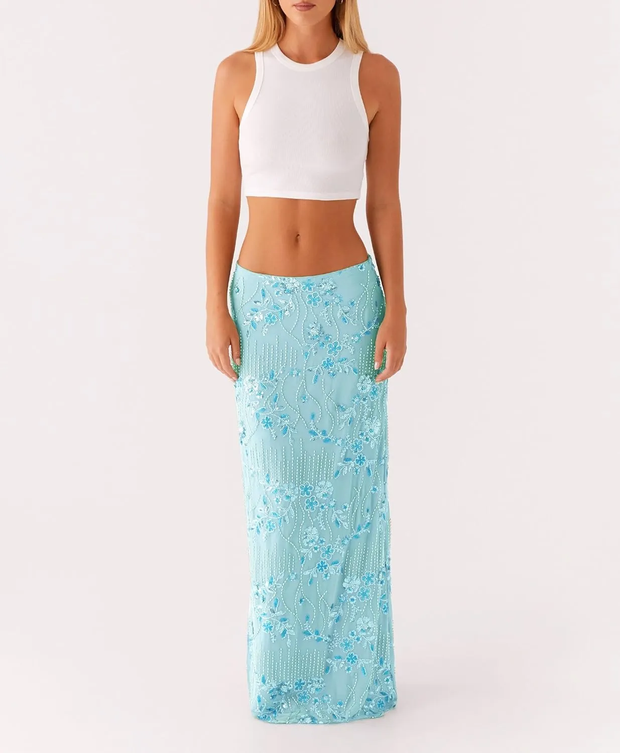 Women Y2K Sequin Long Skirt Sparkle Rhinestone Floral Maxi Skirt High Waist Glitter Midi Skirt Going Out