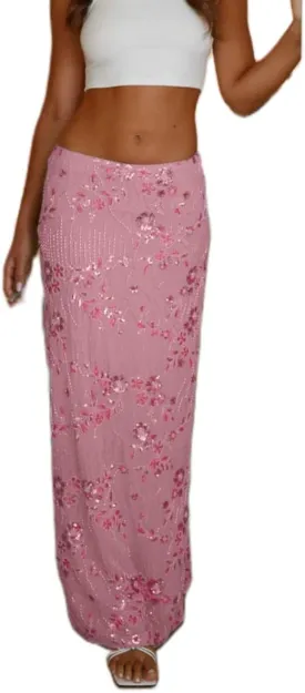 Women Y2K Sequin Long Skirt Sparkle Rhinestone Floral Maxi Skirt High Waist Glitter Midi Skirt Going Out