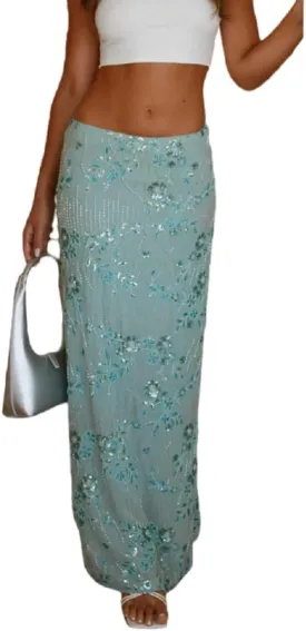 Women Y2K Sequin Long Skirt Sparkle Rhinestone Floral Maxi Skirt High Waist Glitter Midi Skirt Going Out