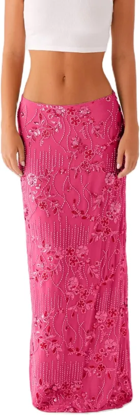 Women Y2K Sequin Long Skirt Sparkle Rhinestone Floral Maxi Skirt High Waist Glitter Midi Skirt Going Out