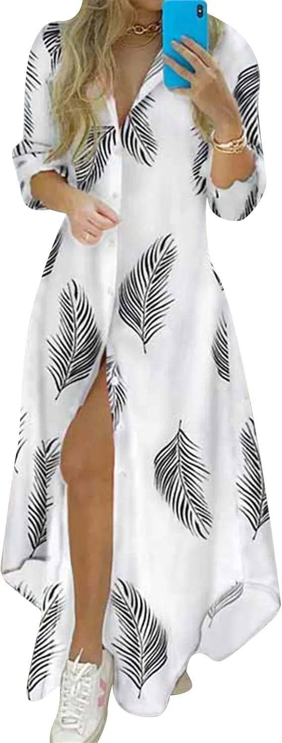 YMING Womens Long Sleeve Button Down Shirt Dresses Casual Floral Print Maxi Dress Loose Fit Split Blouse Dress